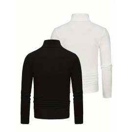 2pcs Men's Stylish Solid Compression Shirt, Active Breathable Turtle Neck Top For Hiking Jogging Cycling Outdoor Fitness Workout