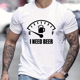 'I Need Beer' Pattern Print Men's Comfy T-shirt, Graphic Tee Men's Summer Outdoor Clothes, Men's Clothing, Tops For Men