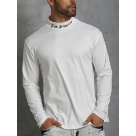 LOS ANGELES Print Men's Casual Turtleneck Long Sleeve Fit Slim T-shirt, Spring Fall