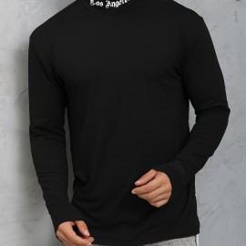 LOS ANGELES Print Men's Casual Turtleneck Long Sleeve Fit Slim T-shirt, Spring Fall