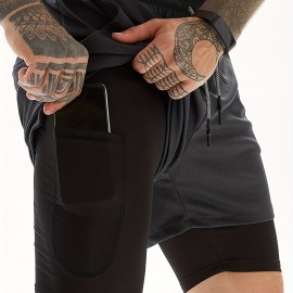 2-in-1 Double Layer Shorts With Inner Pocket, Men's Mid Stretch Sports Shorts For Summer Gym Workout Training