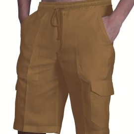 Classic Design Cotton Cargo Shorts, Men's Casual Multi Pocket Waist Drawstring Cargo Shorts For Summer Outdoor