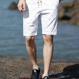 Casual Cotton Slightly Stretch Fish Bone Pattern Drawstring Shorts, Men's Cropped Pants For Summer