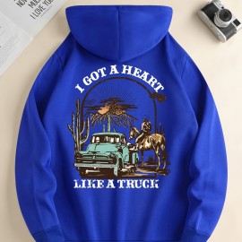 I Got A Heart Like A Truck Cowboy Riding Horse Print Men's Cool Streetwear Hoodies, Casual Loose Hooded Pullover With Kangaroo Pockets, Crew Neck Sweatshirt For Men For Fall And Winter, As Gifts