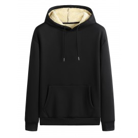 Cool Fleece Hoodies For Men, Men's Casual Solid Design Pullover Hooded Sweatshirt With Kangaroo Pocket Streetwear For Winter Fall, As Gifts