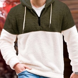 Cool Fluffy Thermal Hoodies For Men, Men's Casual Color Block Polar Fleece Pullover Hooded Sweatshirt With Kangaroo Pocket Streetwear For Winter Fall, As Gifts