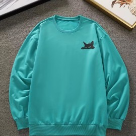 Balck Cat Print Sweatshirt, Men's Casual Graphic Design Slightly Stretch Crew Neck Pullover Sweatshirt For Spring Fall