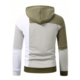 Patchwork Color Block Hoodie With Kangaroo Pocket, Men's Casual Solid Color Slightly Stretch Drawstring Pullover Hooded Sweatshirt For Spring Fall