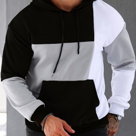 Patchwork Color Block Hoodie With Kangaroo Pocket, Men's Casual Solid Color Slightly Stretch Drawstring Pullover Hooded Sweatshirt For Spring Fall