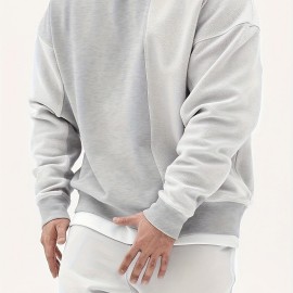 Men's Trendy Solid Sweatshirt, Casual Cotton Slightly Stretch Breathable Long Sleeve Loose Top For Outdoor